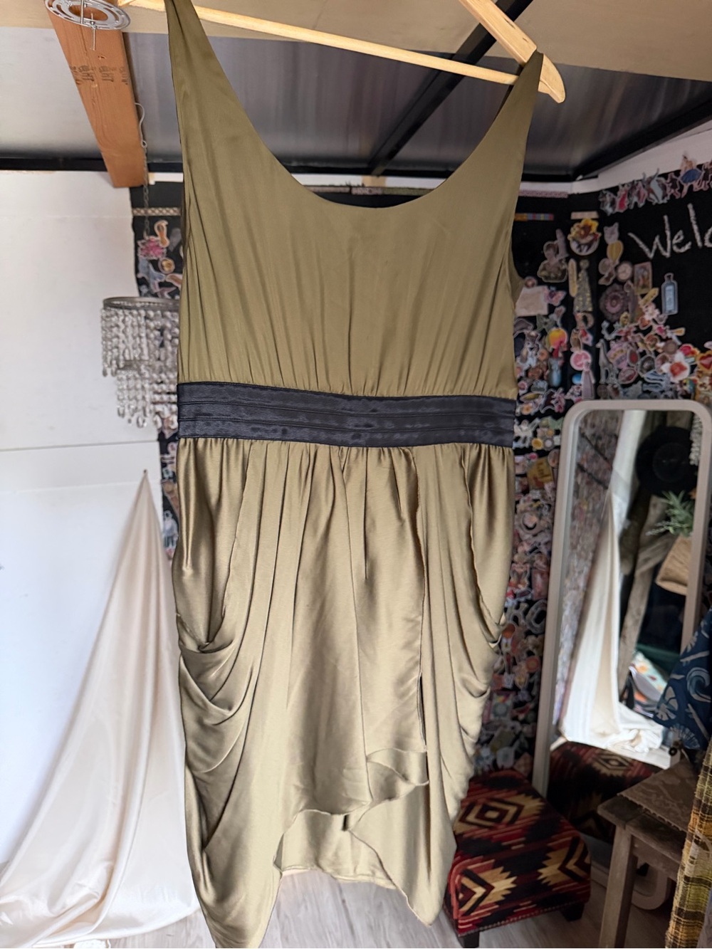 Ramy Brook Olive Green Sleeveless Gathered-Waist Dress with Black Band